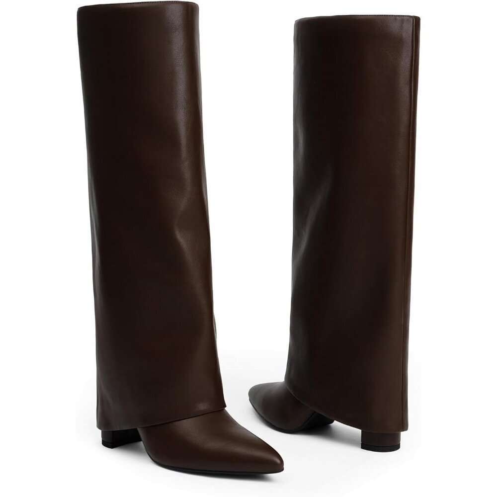 Women's Brown Modatope Knee High Fold Over Chunky Heels Zipper Tall Boots - Picture 3 of 7